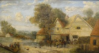 19TH CENTURY ENGLISH SCHOOL "Figures outside a tavern with horse-drawn trap pulling up whilst