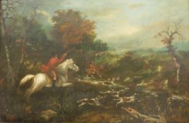 W YARNTON "Huntsman and hounds at a river", oil on canvas, unsigned,