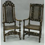 A walnut armchair in the Charles I manner, with foliate and shell carved top rail,