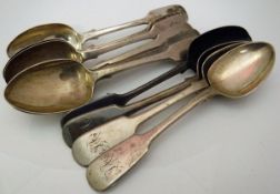 A set of six early Victorian silver "Fiddle" pattern teaspoons (by John Stone, Exeter 1838),