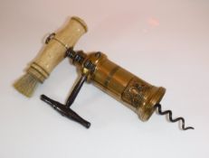 A circa 1930's Thomason type rack and pinion corkscrew with ivory handle, mounted with brush,