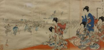 LATE 19TH / EARLY 20TH CENTURY JAPANESE SCHOOL "Geishas seated in an interior overlooking a large