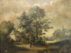 19TH CENTURY EAST ANGLIAN SCHOOL "Figure before a thatched cottage", oil on canvas, unsigned,