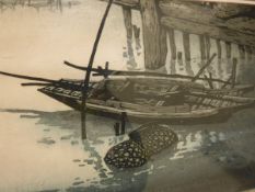 AFTER YANG REI (B. 1950) "Fishing boat at dock", limited edition block print No'd.
