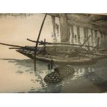 AFTER YANG REI (B. 1950) "Fishing boat at dock", limited edition block print No'd.