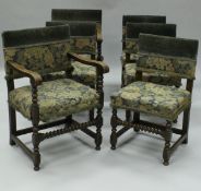 A set of six 20th Century oak framed dining chairs in the 17th Century manner,