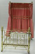 A Victorian brass and mother of pearl embellished half tester bedstead,