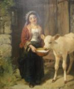 BARNES AFTER WEEKES (19TH CENTURY) "Young maiden proffering bowl of milk to a calf", oil on canvas,