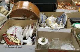 Two boxes of assorted china wares, to include 19th Century tea wares and dessert set, etc,