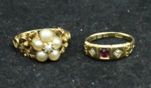 A pearl and diamond set 18 carat gold ladies dress ring and another 18 carat gold ladies dress ring