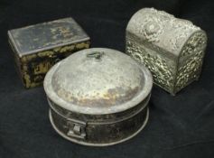 A Georgian circular tin spice box with segmented interior and grater,