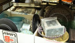 Two boxes of assorted household glass, trays, tins,