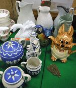 A Copeland late Spode Jasper ware style three piece tea set, a Ridgway cashmere relief work jug,