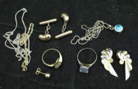 A collection of various costume jewellery including turquoise pendant, a pair of gold earrings,