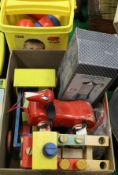 A box of various vintage toys and games and a Duplo brick box containing further toys