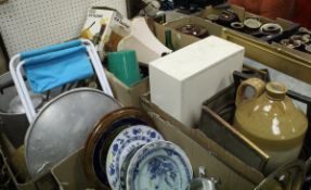 Three boxes of sundry items to include preserve pans, brass fire tools,