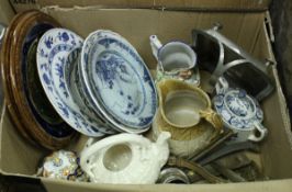 A box containing assorted china plates to include an early "Willow Tree" pattern plate,