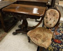 A 19th Century mahogany triple drop-leaf pedestal tea table on cabriole supports to pad feet,