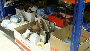 Twelve boxes of assorted sundry items, to include china wares, candles, air compressors,