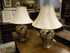 Pair of modern table lamps with cream shades.