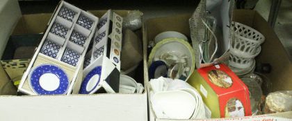 Two boxes of various china and glass wares including avocado dishes, coffee cans and saucers,