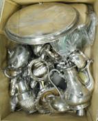 A box of assorted plated wares to include wine coasters, trays, three piece tea set,