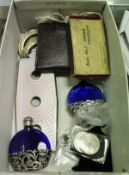 A box of various objets de vertu including a guilloche enamel decorated triple light switch cover,