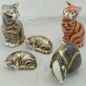 A collection of five Royal Crown Derby Japan pattern animal figures including "Seated Cat LVII"