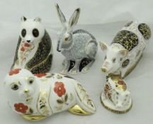 A collection of five Royal Crown Derby Japan pattern animal figures including "Starlight Hare