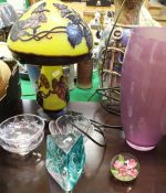A modern Gallé style table lamp, amethyst glass vase,
