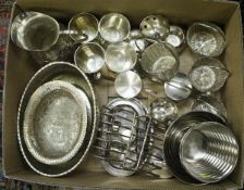 A box of vasrious plated wares to include water jug, beakers, baskets,
