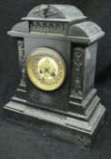 A Victorian black slate and bronze embellished mantle clock,