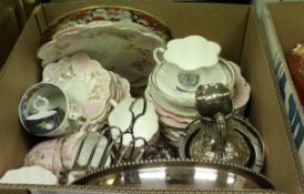 A box containing a collection of various tea wares, electro-plated toast rack, twin-handled tray,
