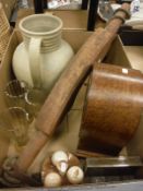 A box containing an oak dome-top mantle clock, a Carlton mushroom shaped cruet, wooden yoke, etc,