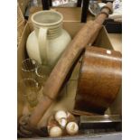 A box containing an oak dome-top mantle clock, a Carlton mushroom shaped cruet, wooden yoke, etc,