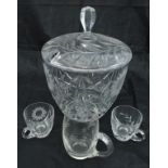 A cut glass floral decorated punch bowl and twelve glasses, together with various small dishes,