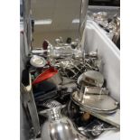 Two boxes of assorted electro-plated wares to include three branch candlestick, cream jug,