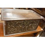 A carved oak box in the 17th Century Welsh manner,