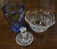 A Whitefriars light blue glass vase, a Liskeard clear glass vase, assorted further glassware,