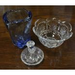 A Whitefriars light blue glass vase, a Liskeard clear glass vase, assorted further glassware,