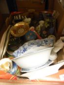 Two boxes of assorted decorative china to include Mason's style hydra jugs, blue and white plates,