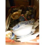 Two boxes of assorted decorative china to include Mason's style hydra jugs, blue and white plates,