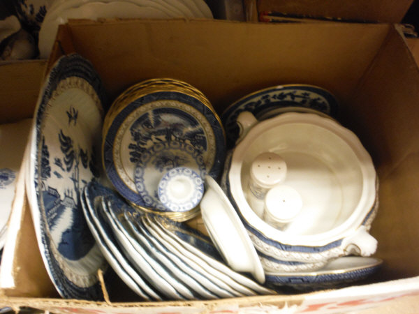 Seven boxes of assorted blue and white and other decorative china, to include plates, tureens,