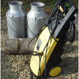 Two metal milk churns, a Karcher K7.