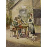 G NASI "Two Musketeers supping at a table whilst a maiden serves, a dog looking on", watercolour,