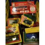 One box of assorted cars and buses to include the Liverpool FC Team coach etc