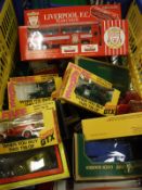 One box of assorted cars and buses to include the Liverpool FC Team coach etc