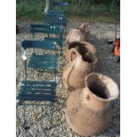 A collection of five various terracotta pots/jardinieres and five green painted folding garden