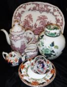 Assorted china wares to include Masons Chartreuse ginger jar, Masons Romantic teapot, cream jug,