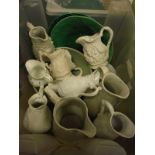 Seven boxes of assorted decorative china wares to include Portmeirion Parian ware style jugs,